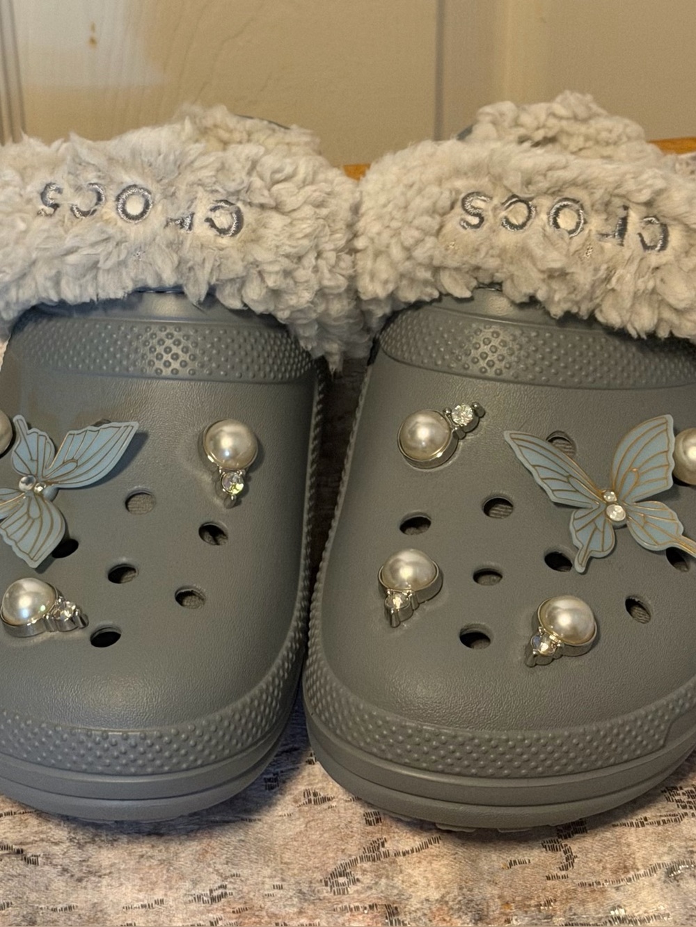CROCS Faux-Fur Lined Gray Clog Mules with Butterfly & Pearl Charms